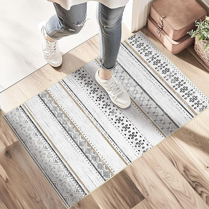 BESTSWEETIE 2x3 Area Rugs for Living Room Washable Moroccan Farmhouse Neutral Geometric Low Pile Non-Slip Soft Print Pattern Rug for Bedroom Kitchen Dining Room Entryway Black/Brown