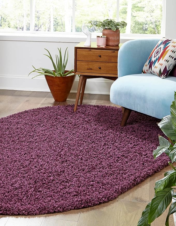 Unique Loom Solid Shag Collection Area Rug (8' x 10' Oval, Eggplant Purple)