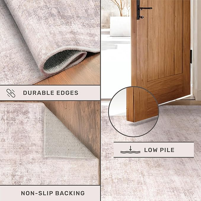 Pink and Grey Living Room Medallion Rug 7x10 - Modern Washable Area Rug for Living Room, Dinning Room, Non Slip Thin & Soft Carpet