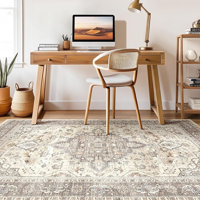 12x18 Rug Living Room: Washable Boho Large Neutral Vintage Soft Rugs Stain Resistant Farmhouse Non-Slip Indoor Floor Carpet for Bedroom Nursery Kids Playroom Office Dining Room- Beige Brown