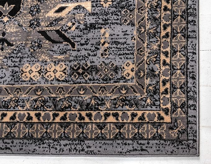 Unique Loom Taftan Collection Border Geometric Tribal Inspired Design Area Rug (5' 0 x 8' 0 Rectangular, Gray/ Black)