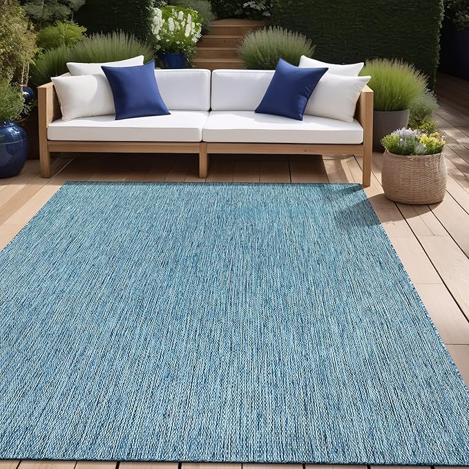 Beverly Rug Indoor Outdoor Rug 10x14, Washable Outside Carpet for Patio, Deck, Porch, Solid Modern Area Rug, Water Resistant, Aqua Blue