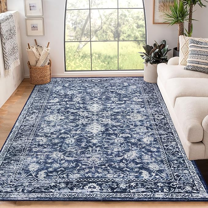 KILOCOCO Area Rug 6x9 Living Room Rug Washable Printed Vintage Floral Non Slip Soft Rubber Backed Indoor Bedroom Rugs for Laundry Room Kitchen Playroom Moroccan Area Rugs, Blue