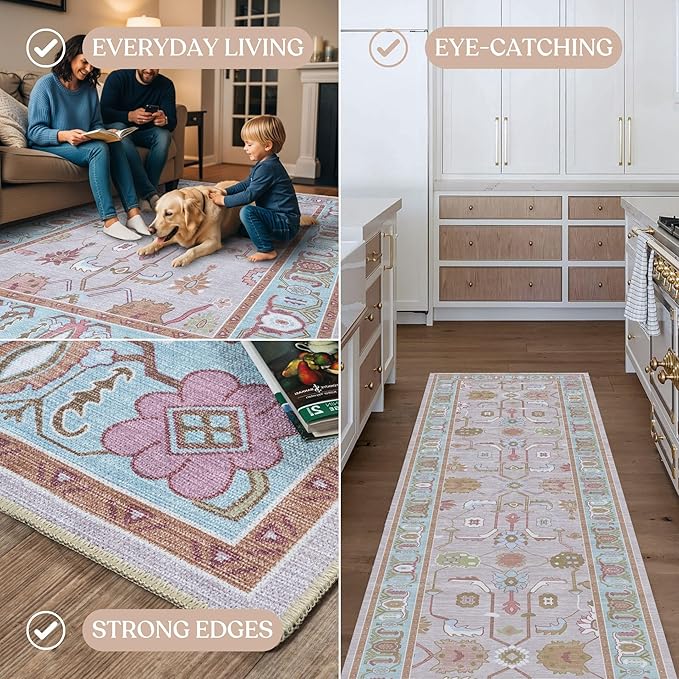 Fame Living Pink Oushak Runner Rug, Modern Runners, Turkish, Eclectic, Floral, Pastel, Washable, Small Throw Rugs, Short Runner for Hallway, Entryway, Laundry, Bedroom, Kitchen, Bathroom, 2'5"x6'5"