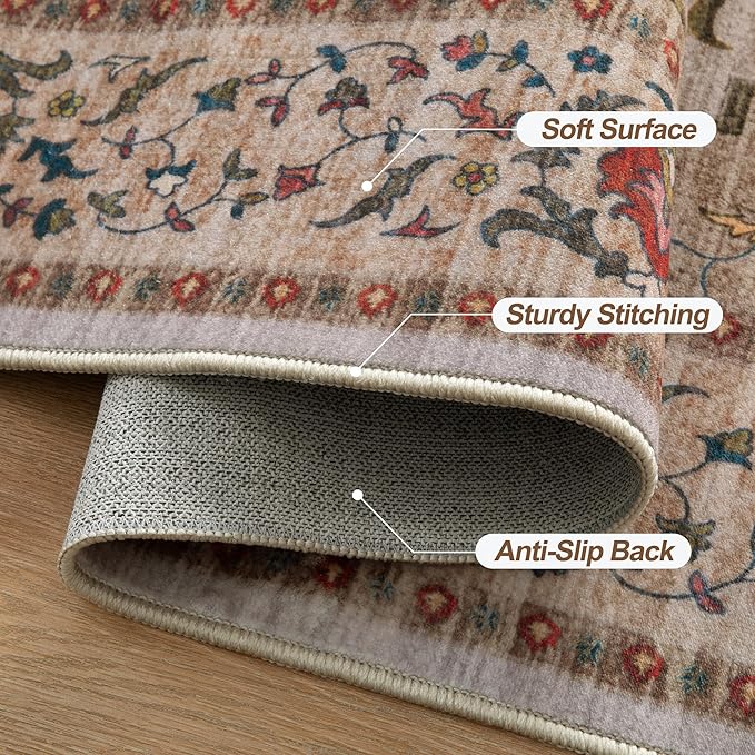 Tangsoo Vintage 4x6 Area Rug, Washable Non Slip Indoor Rugs, Oriental Machine Washable Rug Carpet, Soft Low Pile Foldable Floor Rugs for Dining Room Bedroom Living Room Home Decor Beige/Red