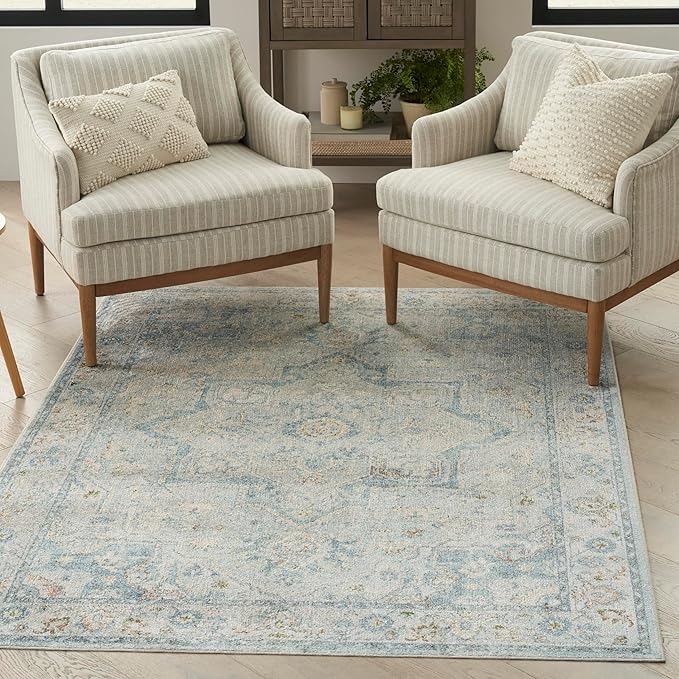 Nourison Home Astra Machine Washable Light Blue 5'3" x 7' Area Rug - Easy Clean, Non Shedding, Bed Room, Living Room, Dining Room, Kitchen (5' x 7')