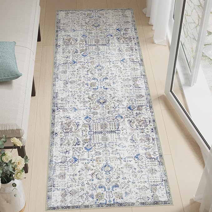 jinchan Kalen Runner Rug 2x6 Washable Area Rug Soft Vintage Hallway Indoor Floor Mat Thin Retro Distressed Carpet Blue Floral Country Non Slip Bathroom Kitchen Bedroom Living Room