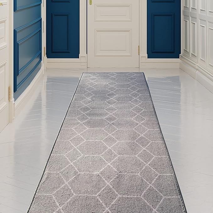 Custom Made Runner Rug for Kitchen Foyer Hallway Entry Choose Your Length Size 26 Inch Wide Geometric Lattice Design Grey Color (6 feet x 26 inch)