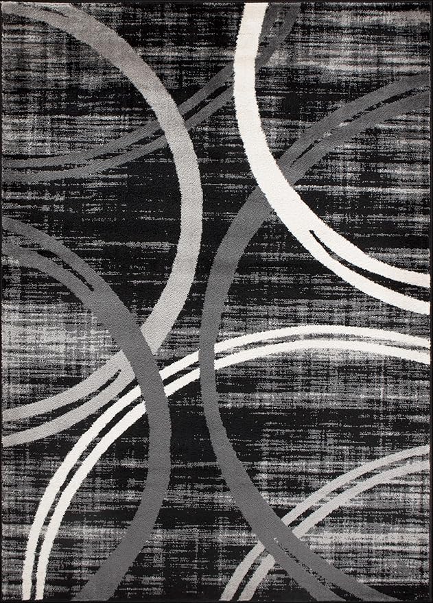 Rugshop Modern Wavy Circles Design Area Rug, Non-Shedding Carpet for Living Room, Primary Bedroom, or Dining Room, Grand Room,Open Spaces Black, 10' x 14'