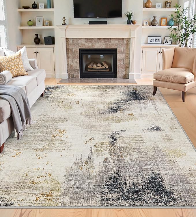 5x7 Washable Area Rugs - Modern Abstract Rugs for Living Room Non-Slip Low Pile Soft Machine Washable Carpet for Bedroom, Dining Room, Nursery, Home Office, Farmhouse (5'x7' Beige Tan)