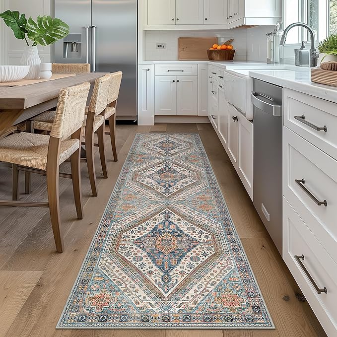 Bavni Kitchen Rug 2x5 Runner Rugs for Hallways Entryway, Washable Vintage Print Carpet, Ultra-Thin Chenille Low Pile Lightweight Rug with Non Slip Backing, Blue/Orange