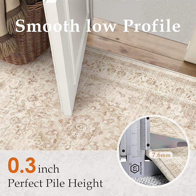 3x4 Beige Washable Vintage Area Rug for Living Room Bedroom Soft Tranditional Non Slip Large Throw Rug Lightweight Floral Low Pile Distressed Carpet Entryway Doormat Hallway Bedroom