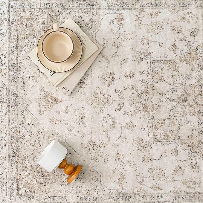 Beige Area Rug 2x4 Washable Vintage Carpet Entryway Kitchen Soft Retro Low Pile Thin Door Mat Non Slip Oriental Medallion Throw Small Rug for Bathroom Office Bedroom Dining Room
