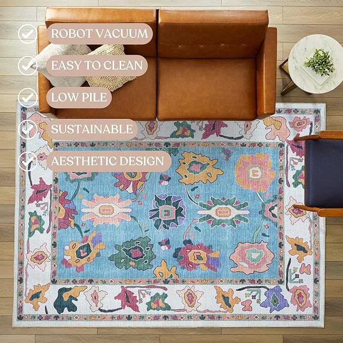 Fame Living Colorful Oushak Rug, Modern, Vintage, Turkish, Eclectic, Floral, Pastel, Washable, Oversized, Extra Large Area Rugs for Living Room, Dining, Bedroom, Lounge 9'5"x14'