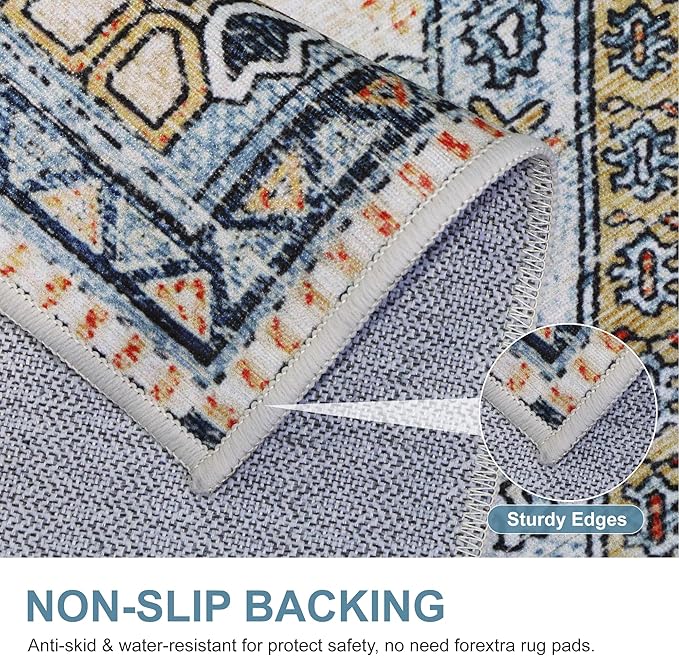 Bavni Runner Rug 2x10 Kitchen Rugs for Hallways Entryway, Washable Vintage Print Carpet, Ultra-Thin Chenille Low Pile Lightweight Rug with Non Slip Backing, Blue/Orange