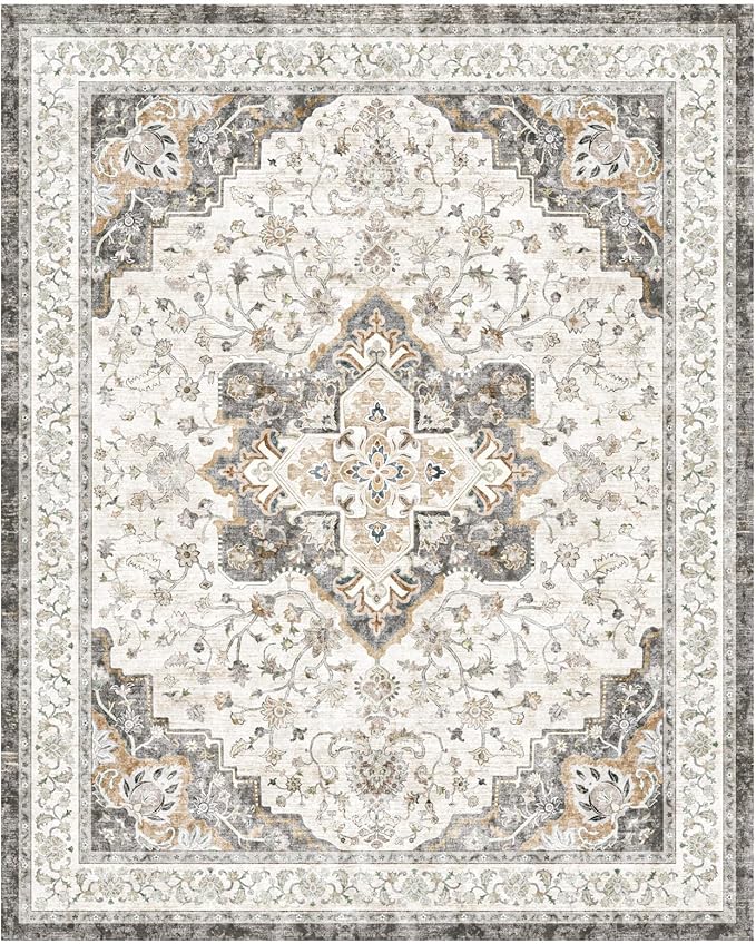 Marsail 8x10 Washable Area Rug, Soft & Slip-Resistant Large Area Rug with Reinforced Bound Edges, Vintage Short-Pile Washable Rug with Floral Pattern for Living Room, Dinning Room and Bedroom, Brown