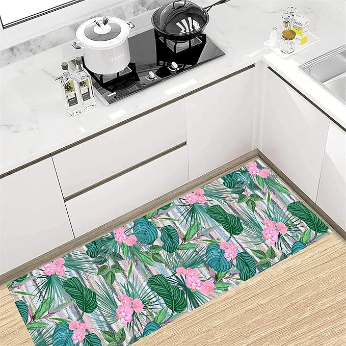Tropical Runner Rug 4x12 ft - Floral & Leaf Print, Pink Flowers & Greenery - Non-Slip Easy Clean - Hallway, Living Room, Bedroom - Bohemian Watercolor Style
