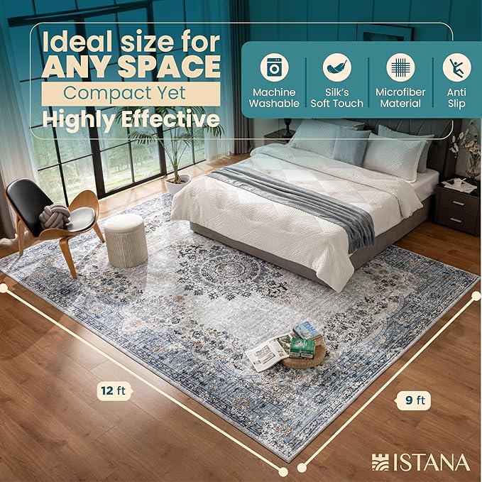 Istana 9x12 Area Rug - Blue 9 x 12 Area Rugs for Living Room - Foldable 9x12 Rugs for Bedroom/Living Room Rug - Stain Resistant Washable Rugs - Eco-Friendly Area Rugs