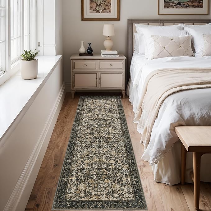 Washable Runner Rug 2x6: Vintage Boho Floral Carpet Runners for Hallway Entryway Non-Slip - Soft Botanical Low Pile Thin Mat for Kitchen Bathroom Bedroom Laundry Floor Decor - Dark Brown