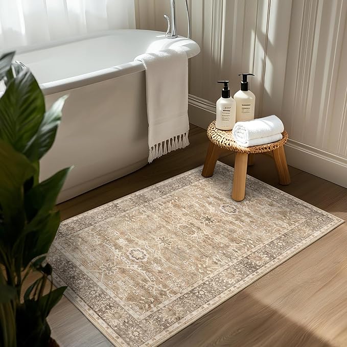 2x3 Entryway Rug Beige Washable Vintage Rugs for Entryway Kitchen Low Pile Non-Slip Door Mat Traditional Distressed Small Throw Area Rugs for Kitchen Entrance Bathroom Beige