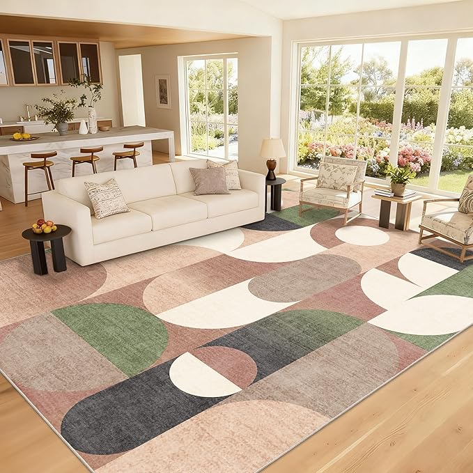 Large Modern Area Rugs 8x10 Washable Rug for Living Room Bedroom Dining Room,Retro Rust Orange Geometric Non Slip Carpet