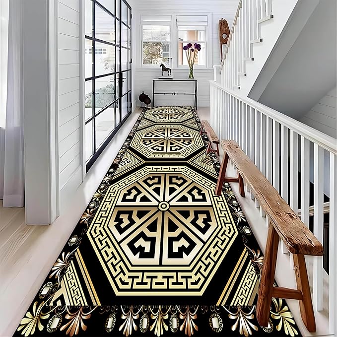 Black Gold Art Runner Rugs, 2x7ft, Vintage Greek Key Entrance Rug, Baroque Aesthetic Non-Slip Low Pile Soft Carpets, Cozy Absorbent Durable Non-Shedding Mat for Hallway Bedroom