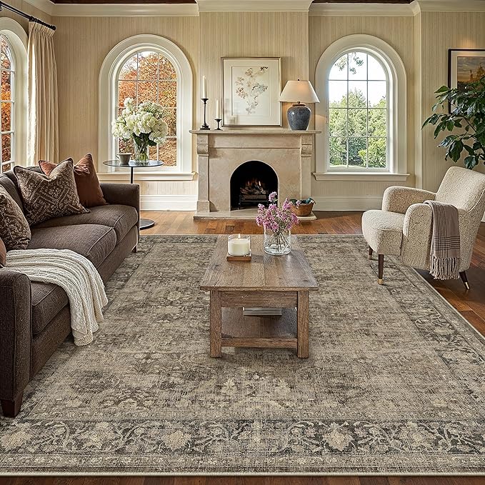 9x12 Brown Area Rug for Living Room Bedroom Neutral Vintage Soft Non Slip Rug Low Pile Distressed Large Carpet for Dining Room Nursery Office Indoor