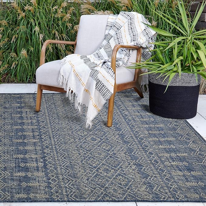 FH Home Flat Woven Outdoor Rug - Waterproof, Easy to Clean, Stain Resistant - Premium Polypropylene Yarn - Boho Moroccan - Patio, Porch, Deck, Balcony - Dakar - Blue - 5ft 2in x 7ft 6in