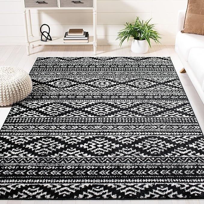 SAFAVIEH Tulum Collection Area Rug - 10' Square, Black & Ivory, Moroccan Boho Tribal Design, Non-Shedding & Easy to Clean, Ideal for Living Room, Bedroom, Dining Space (TUL272Z)