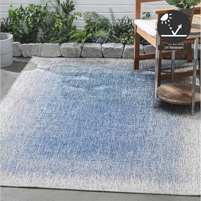 FH Home Outdoor Rug - Waterproof Easy to Clean Stain Resistant - Patio Indoor Outdoor Porch Deck Balcony Entryway - Ombre Modern - Dhruva - Blue - 6' x 9'