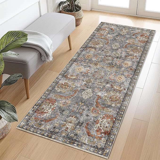 RUGSURE Washable Area Rugs - Perfect for Living Room, Bedroom, Kids Room, Nursery - Stain & Water Resistant Non-Slip, Pet & Child Friendly, Vintage Tribal Area Rugs (Turmeric and Grey, 2'6'' x 8')