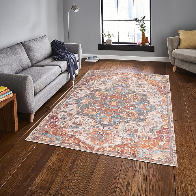GLN Rugs Traditional Collection - Machine Washable Area Rug, Traditional Washable, Non Slip, Low Pile Chenille Rug, Living Room, Bedroom, Kitchen Rug (8' x 10' Cream/Terra)