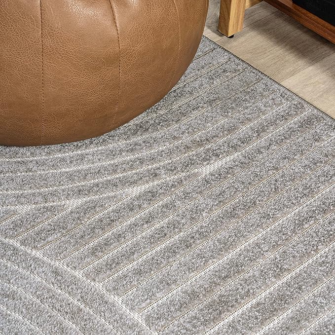 JONATHAN Y Hallie High-Low Curve Gray/Ivory 5' Round Indoor/Outdoor Area Rug, Minimalist, Pet Friendly, Non-Shedding, Stain Resistant, Hose-Washable for Backyard, Patio, Porch (SCN100A-5R)
