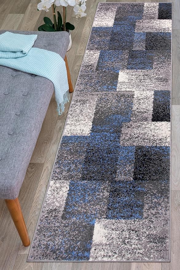Rugshop Blue Modern Distressed Boxes Runner Rug — Non-Shedding for Hallway, Entryway and Kitchen 2' x 7'