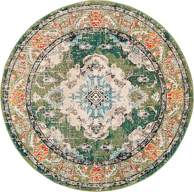 SAFAVIEH Monaco Collection Area Rug - 12' Round, Forest Green & Light Blue, Medallion Distressed Design, Non-Shedding & Easy Care, Ideal for High Traffic Areas in Living Room, Bedroom (MNC243F)