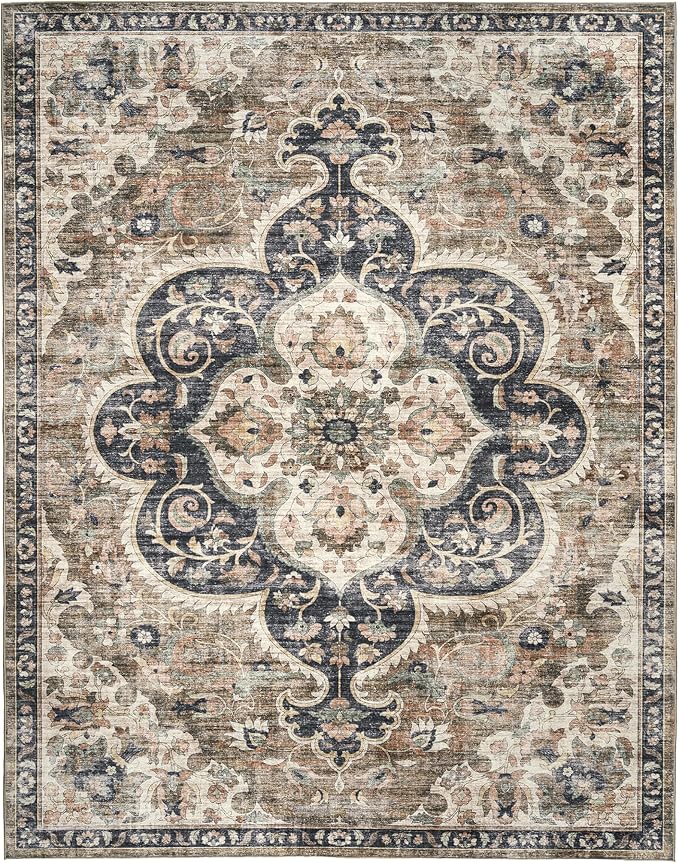ReaLife Rugs Machine Washable Area Rug Runner - Living Room Bedroom Bathroom Kitchen Entryway Office - Padded Low Pile Stain Resistant Premium - Boho Farmhouse Vintage - Joy - Brown Beige 3' x 5'
