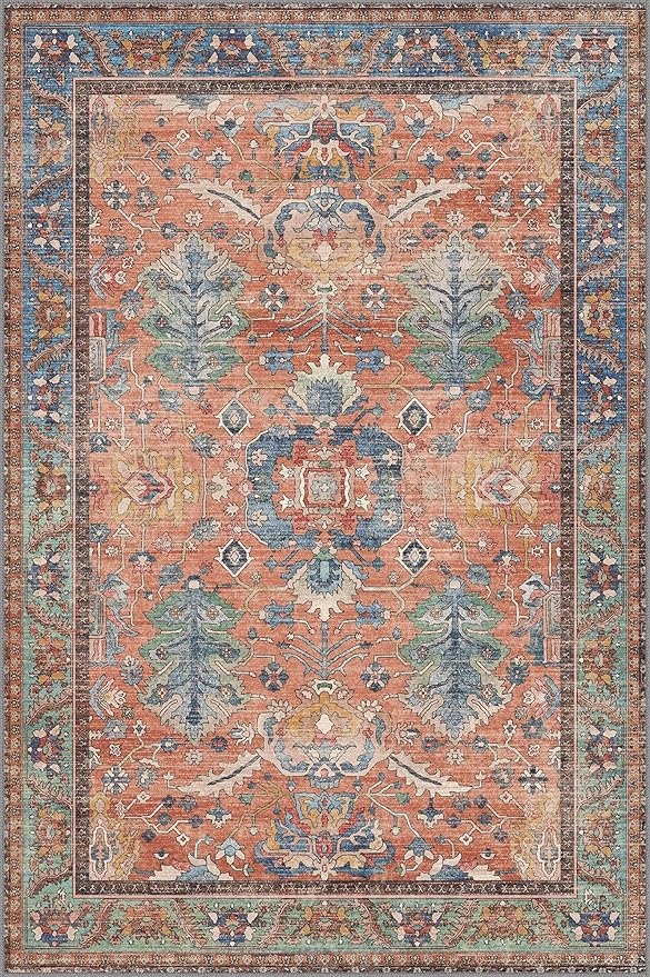 Bavni Washable Rug-6x9 Area Rugs for Bedroom Non-Slip, Ultra Thin Low Pile Living Room Rug, Modern Printed Decorative Rug for Dinning Room Office, Terracotta/Blue