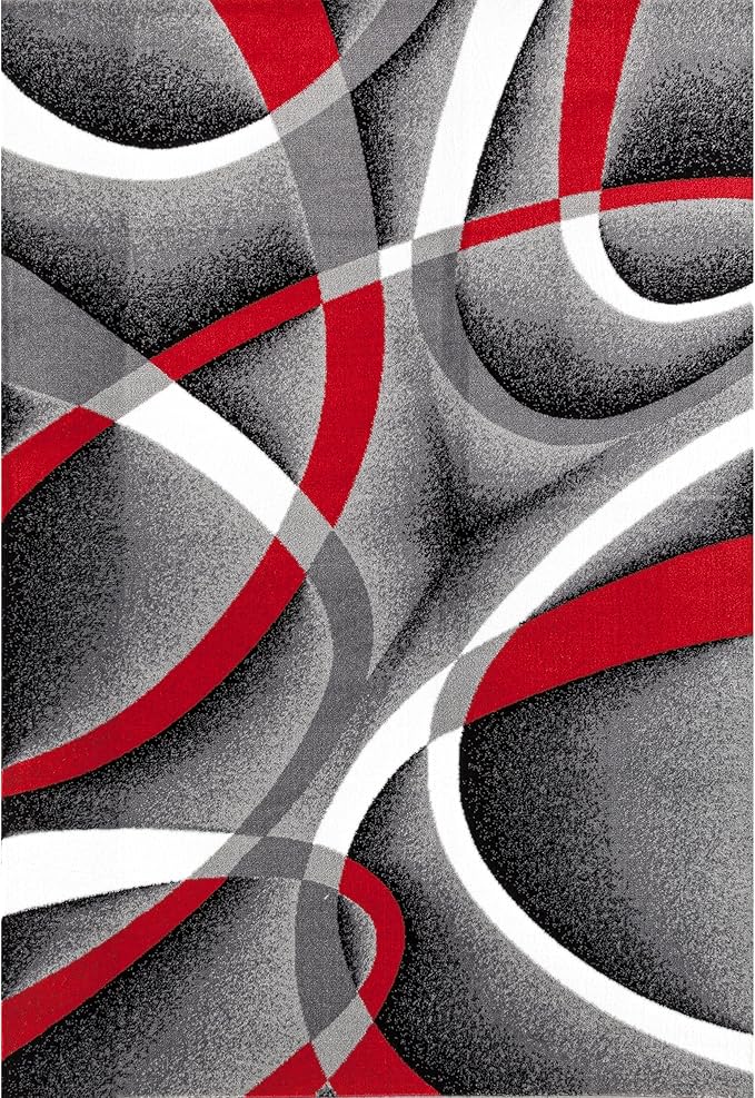 2305 Gray Black Red White Swirls 6'5 x 9'2 Modern Abstract Area Rug Carpet