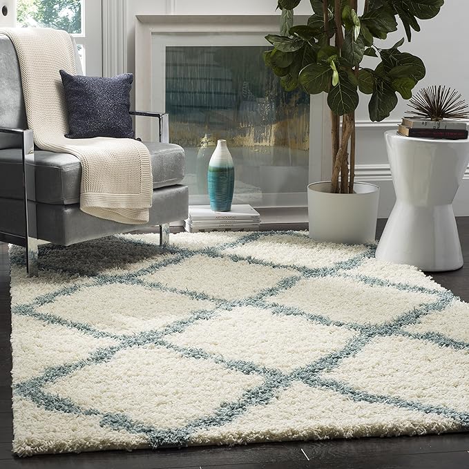 SAFAVIEH Dallas Shag Collection Accent Rug - 4' x 6', Ivory & Light Blue, Trellis Design, Non-Shedding & Easy Care, 1.5-inch Thick Ideal for High Traffic Areas in Foyer, Living Room, Bedroom (SGD257J)