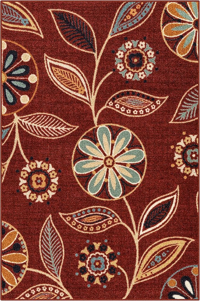 Maples Rugs Reggie Floral Area Rug - Made in USA - Washable, Non Slip, Pet-Friendly Mats for Living Room, Bedroom, and Office, 3'4 x 5, Merlot