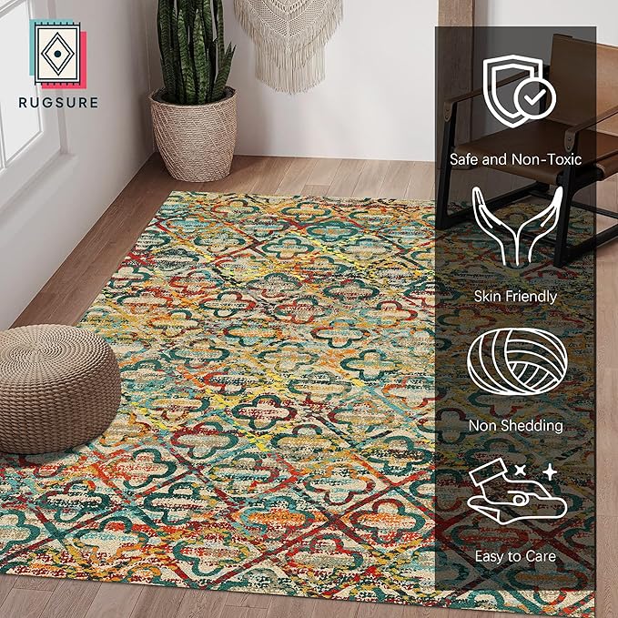 RUGSURE Washable Area Rugs, 4' x 6' - 1/6 Thick - Stain & Water Resistant Non-Slip - Perfect Resistant Rug for Living Room, Bedroom, Nursery, Pet & Child Friendly, Vibrant Colors Rugs, Multicolor