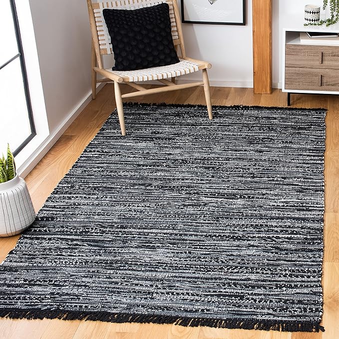 SAFAVIEH Rag Rug Collection Accent Rug - 4' x 6', Black, Handmade Boho Stripe Cotton, Ideal for High Traffic Areas in Entryway, Living Room, Bedroom (RAR121Z)