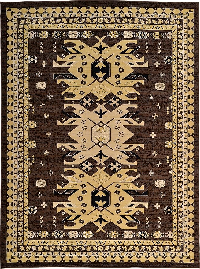 Unique Loom Taftan Collection Border Geometric Tribal Inspired Design Area Rug (9' 10 x 13' 0 Rectangular, Brown/ Tan)