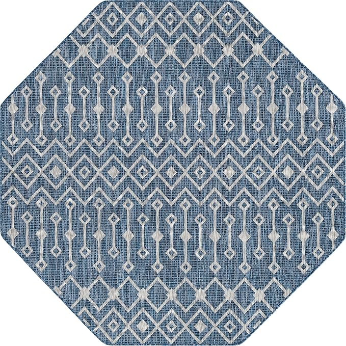 Unique Loom Outdoor Trellis Collection Area Rug - Tribal Trellis (7' 1" Octagon, Blue/ Ivory)