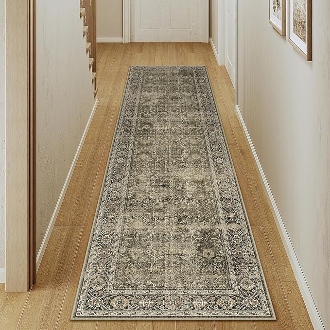 Light Brown 3x10 Vintage Area Rug Hallway Indoor Kitchen Washable Living Room Carpet Tribal Distressed Rug Retro Accent Throw Rug for Office Dining Room Bathroom Faux Wool