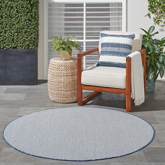 Nourison Home Courtyard Ivory Blue 5' x Round Area Rug - Easy Clean, Non Shedding, Bed Room, Living Room, Dining Room, Kitchen (5' x Round)
