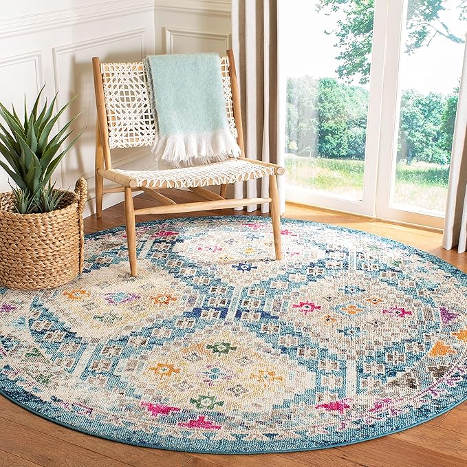 SAFAVIEH Madison Collection 3' Round Dark Blue / Yellow MAD418N Boho Diamond Distressed Non-Shedding Dining Room Entryway Foyer Living Room Bedroom Area Rug
