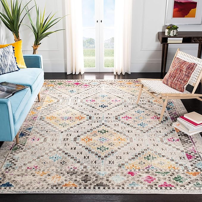 SAFAVIEH Madison Collection Area Rug - 5' Square, Grey & Yellow, Boho Diamond Distressed Design, Non-Shedding & Easy Care, Ideal for High Traffic Areas in Living Room, Bedroom (MAD418F)