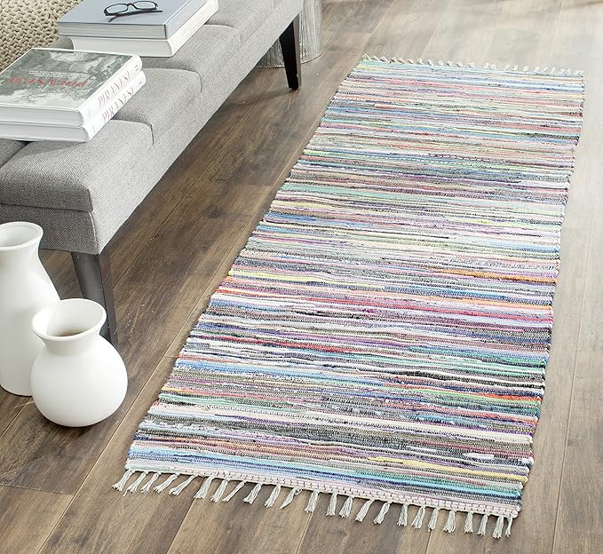 SAFAVIEH Rag Rug Collection Runner Rug - 2'3" x 6', Grey & Multi, Handmade Boho Stripe Cotton, Ideal for High Traffic Areas in Living Room, Bedroom (RAR121M)