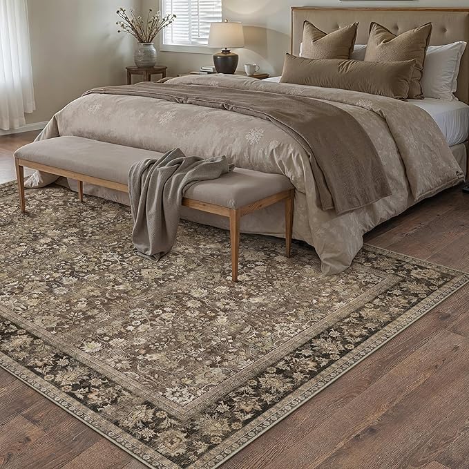 HUGEAR 6x9 Machine Washable Rugs Brown Hallway Large Area Rug Indoor Accent Rug Floral Low Pile Carpet Soft Throw Aesthetic Rug Bedroom Living Room Office Dining Room Kitchen Laundry Room